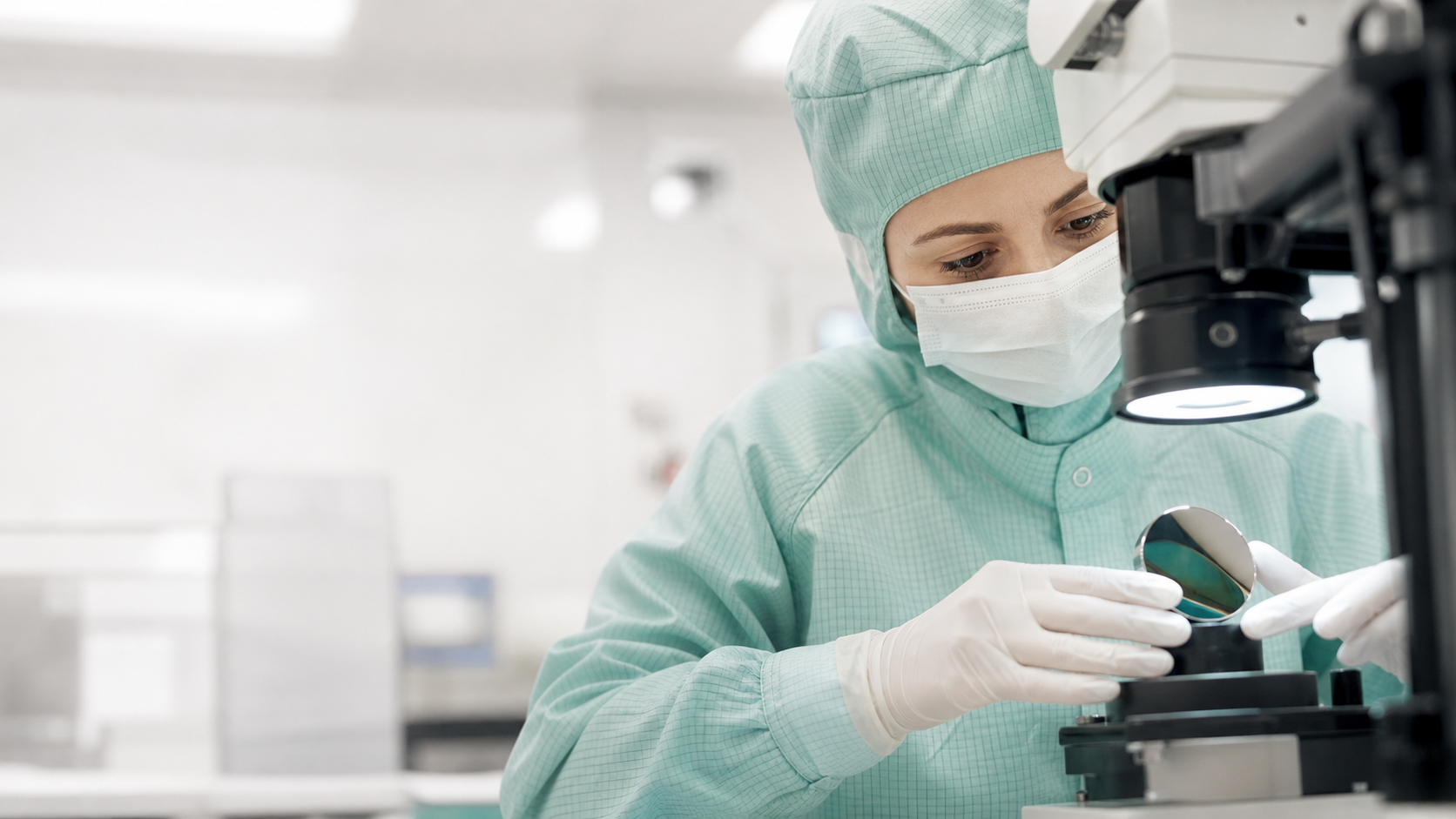 Cleanroom technician inspecting a precision optical sample